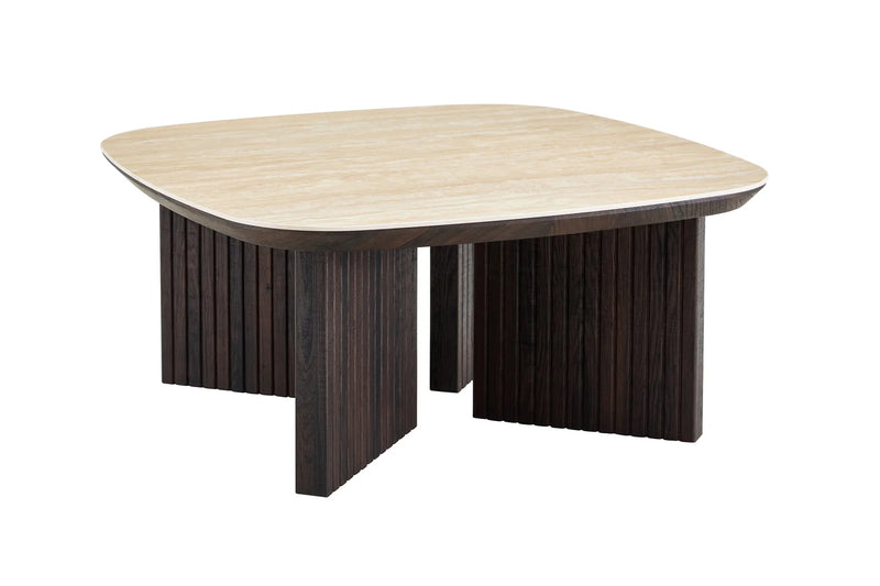 Japandi Couchtisch Torino Travertin Walnuss 90 × 90
