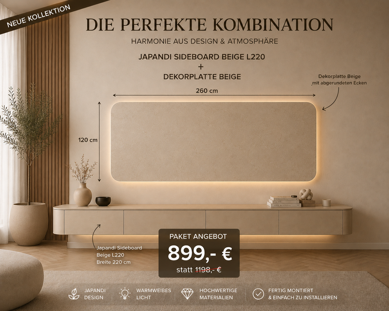 Paketangebot – Japandi Sideboard Beige L220 + Dekorplatte Beige
