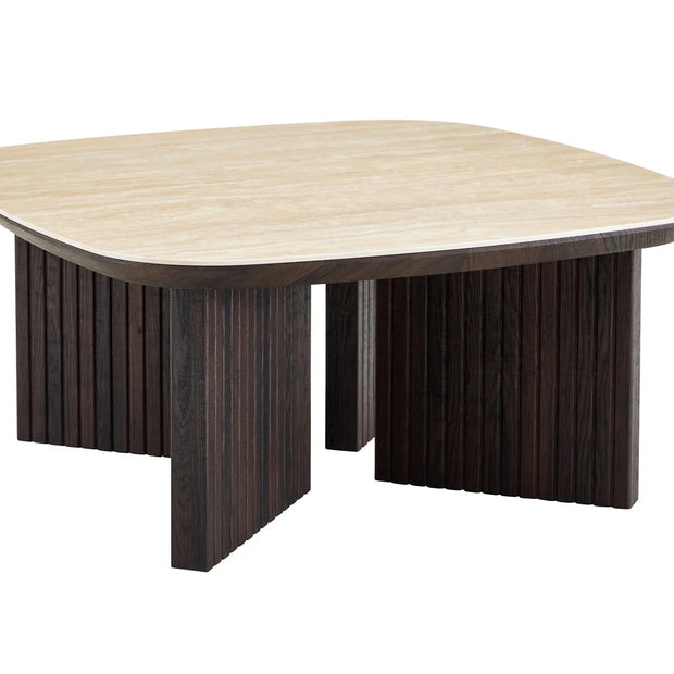 Japandi Couchtisch Torino Travertin Walnuss 90 × 90