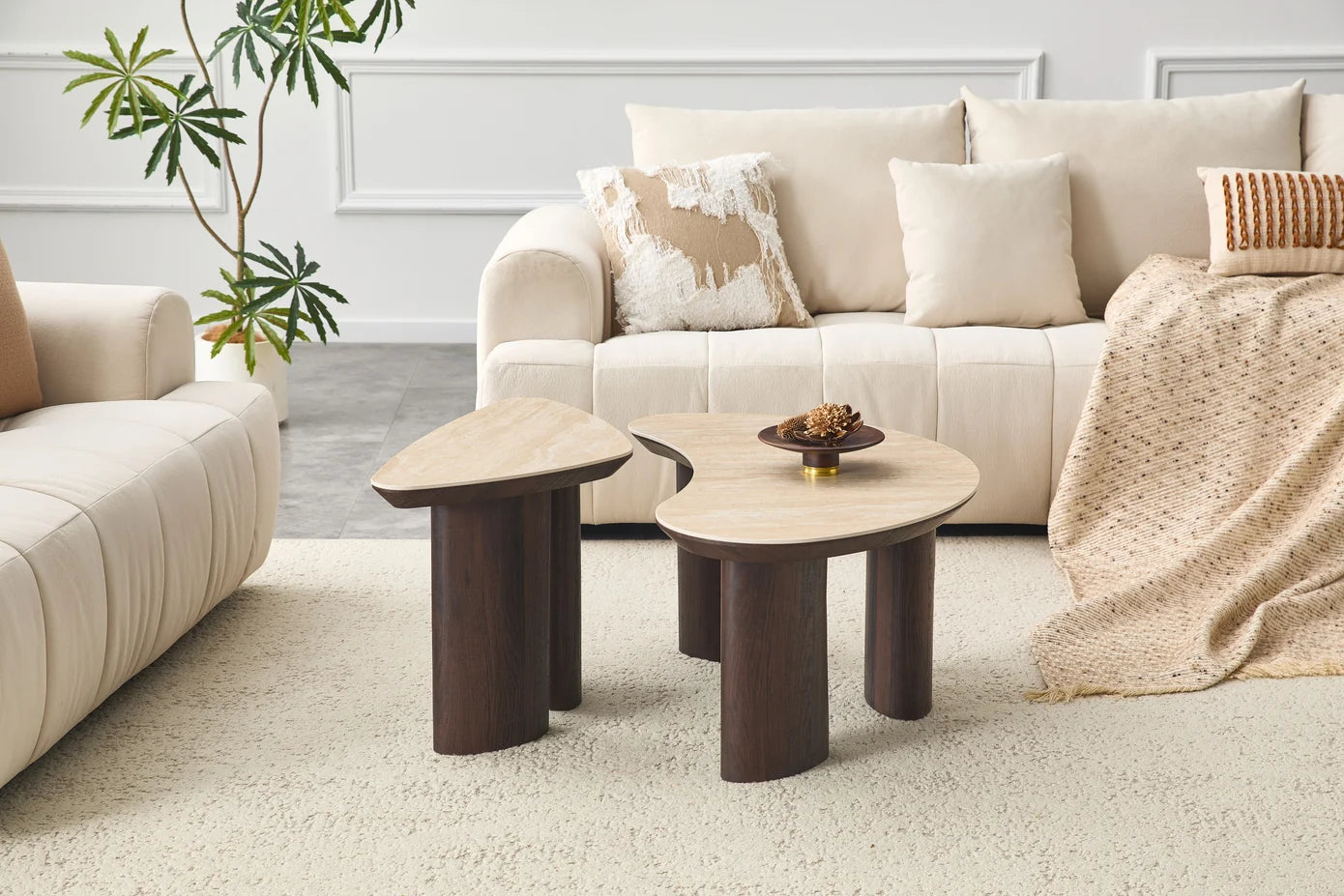 2IN1 Couchtisch-Set CHERON Keramik Travetin Optik