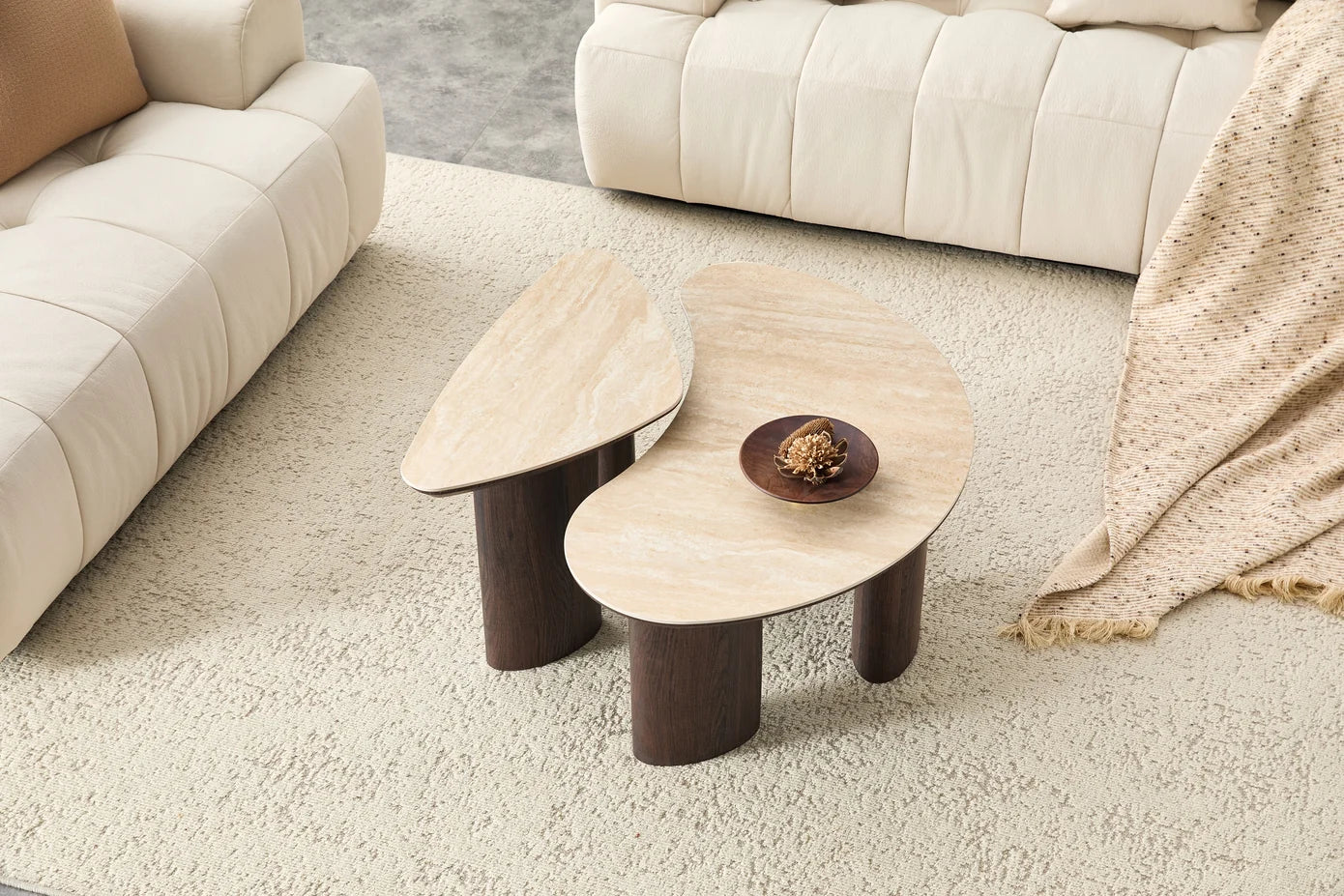 2IN1 Couchtisch-Set CHERON Keramik Travetin Optik
