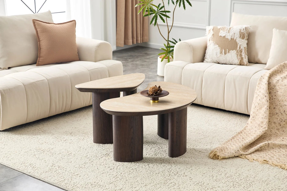 2IN1 Couchtisch-Set CHERON Keramik Travetin Optik