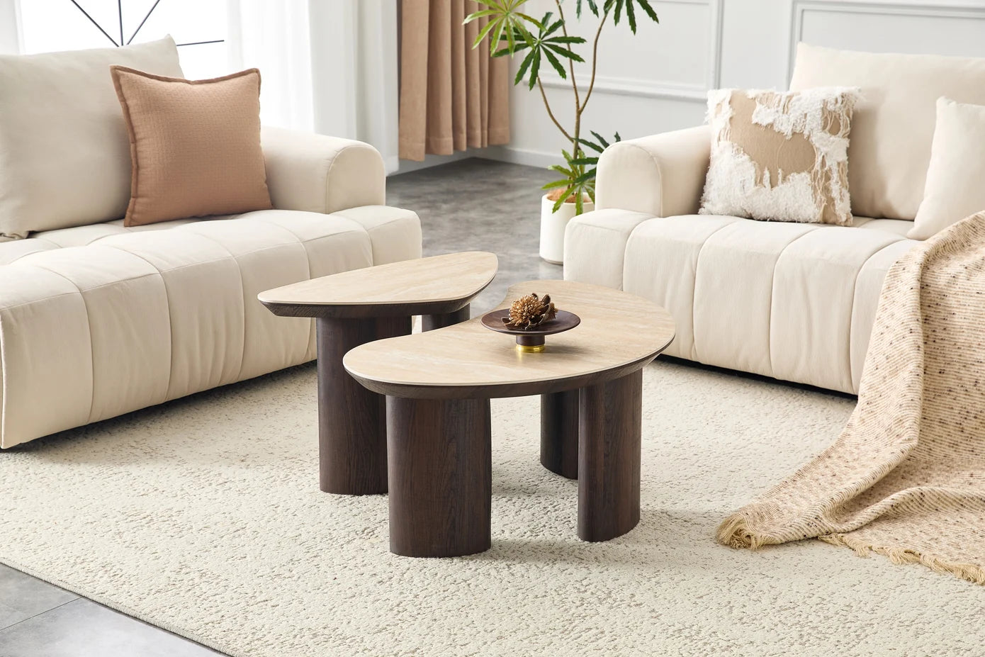 2IN1 Couchtisch-Set CHERON Keramik Travetin Optik