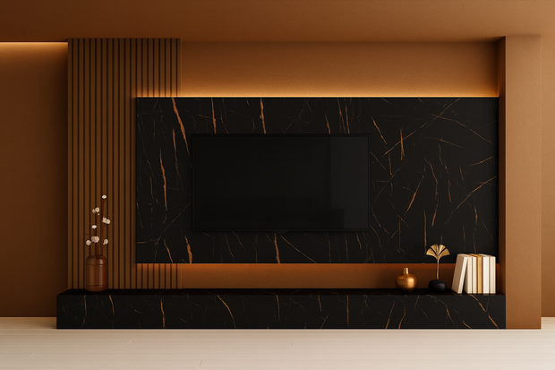 PVC Marmorplatte Hochglanz Schwarz Orange 250x122x0,3cm