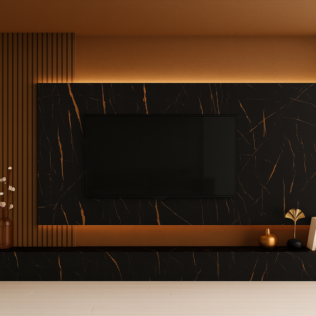 PVC Marmorplatte Hochglanz Schwarz Orange 250x122x0,3cm