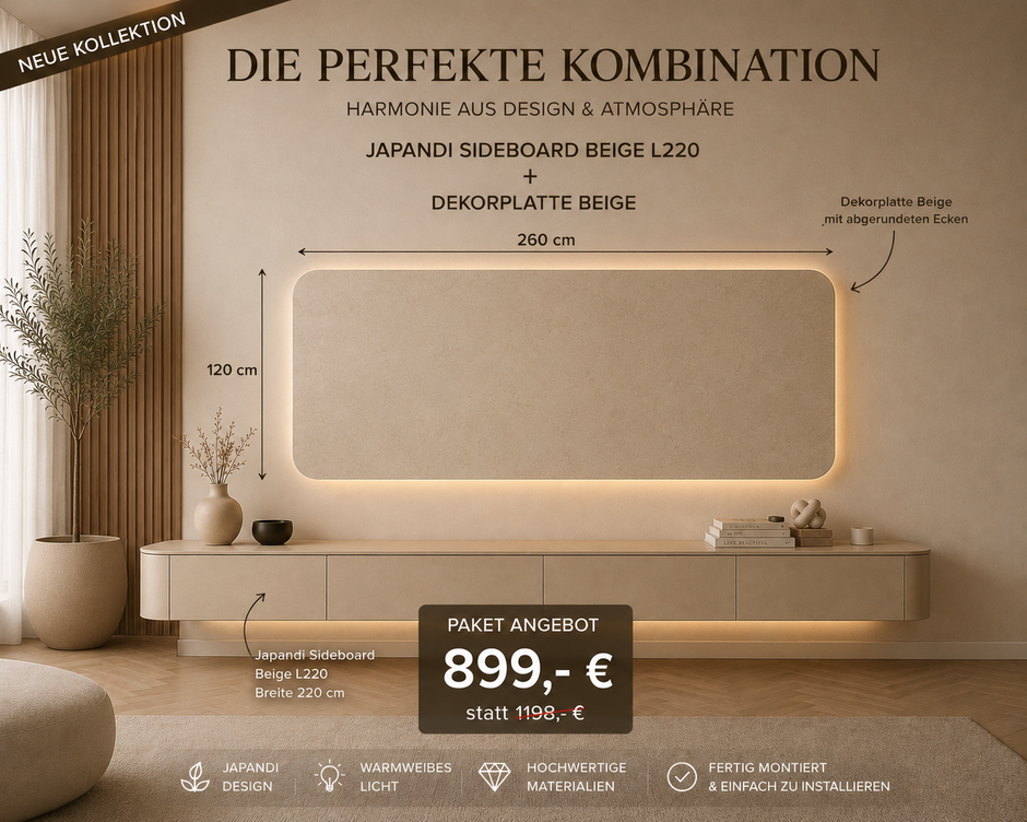 Paketangebot – Japandi Sideboard Beige L220 + Dekorplatte Beige