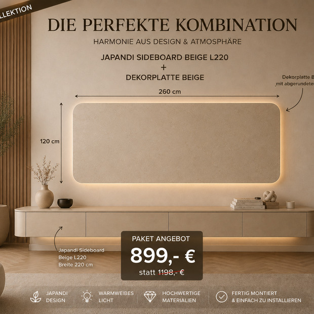 Paketangebot – Japandi Sideboard Beige L220 + Dekorplatte Beige